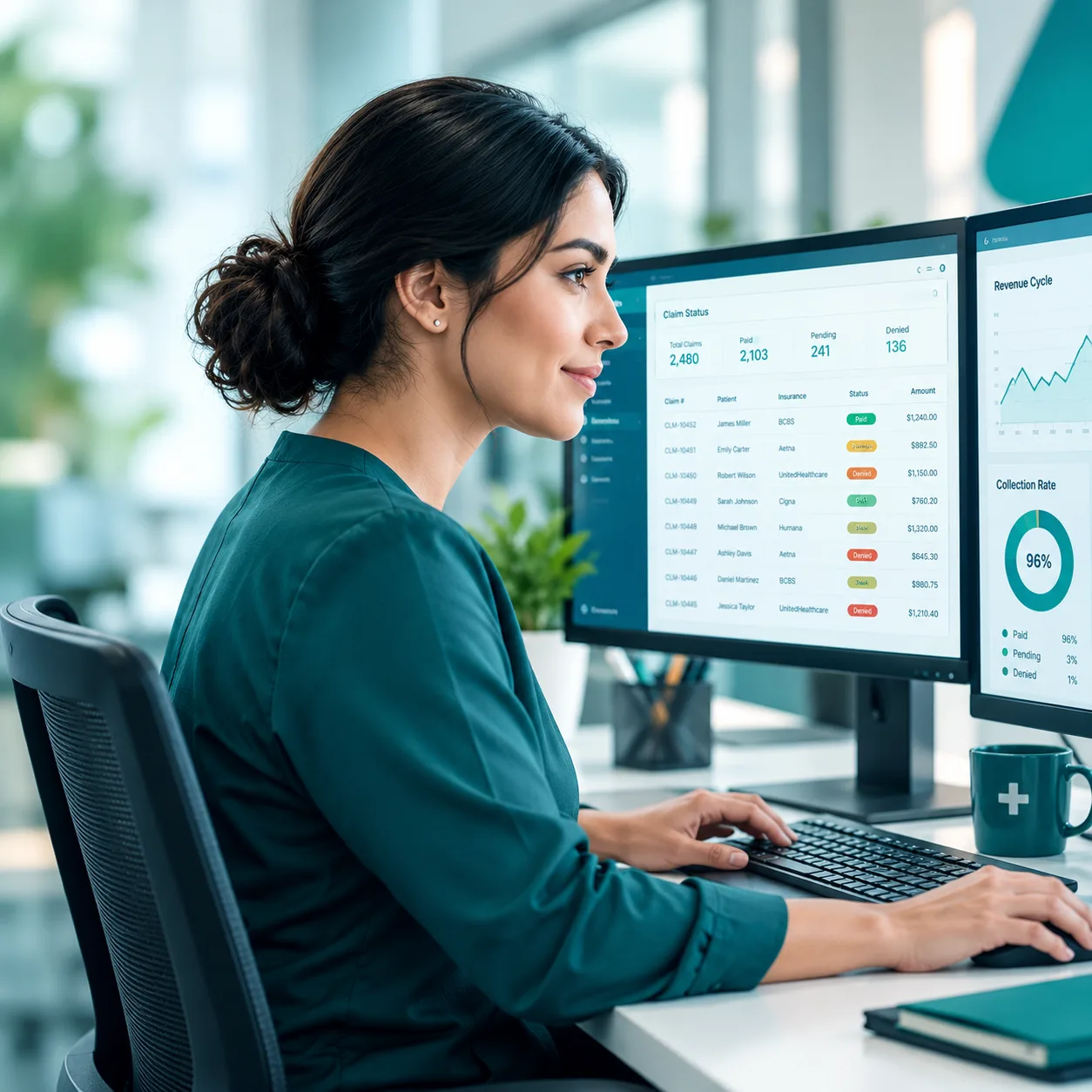 A billing specialist at two monitors, reviewing a claims dashboard